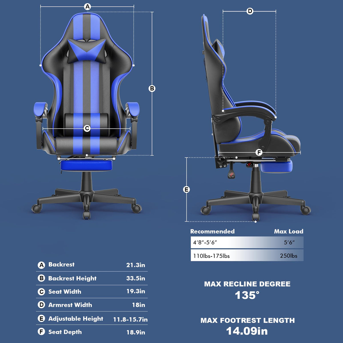 Huracan Gaming Chair with Footrest, Adjustable Ergonomic Computer Office Chair with Lumba Pillow, Video Game Computer Chairs for Adults, Racing Style Reclining Backrest Office Desk Chairs, Blue