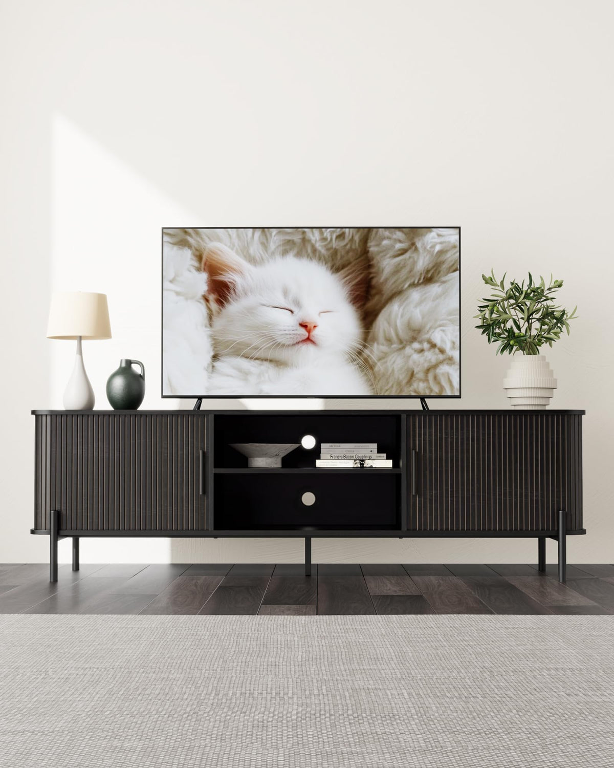 SUNCOZE 70" Mid-Century Fluted TV Stand with Storage up to 80 Inch, Black