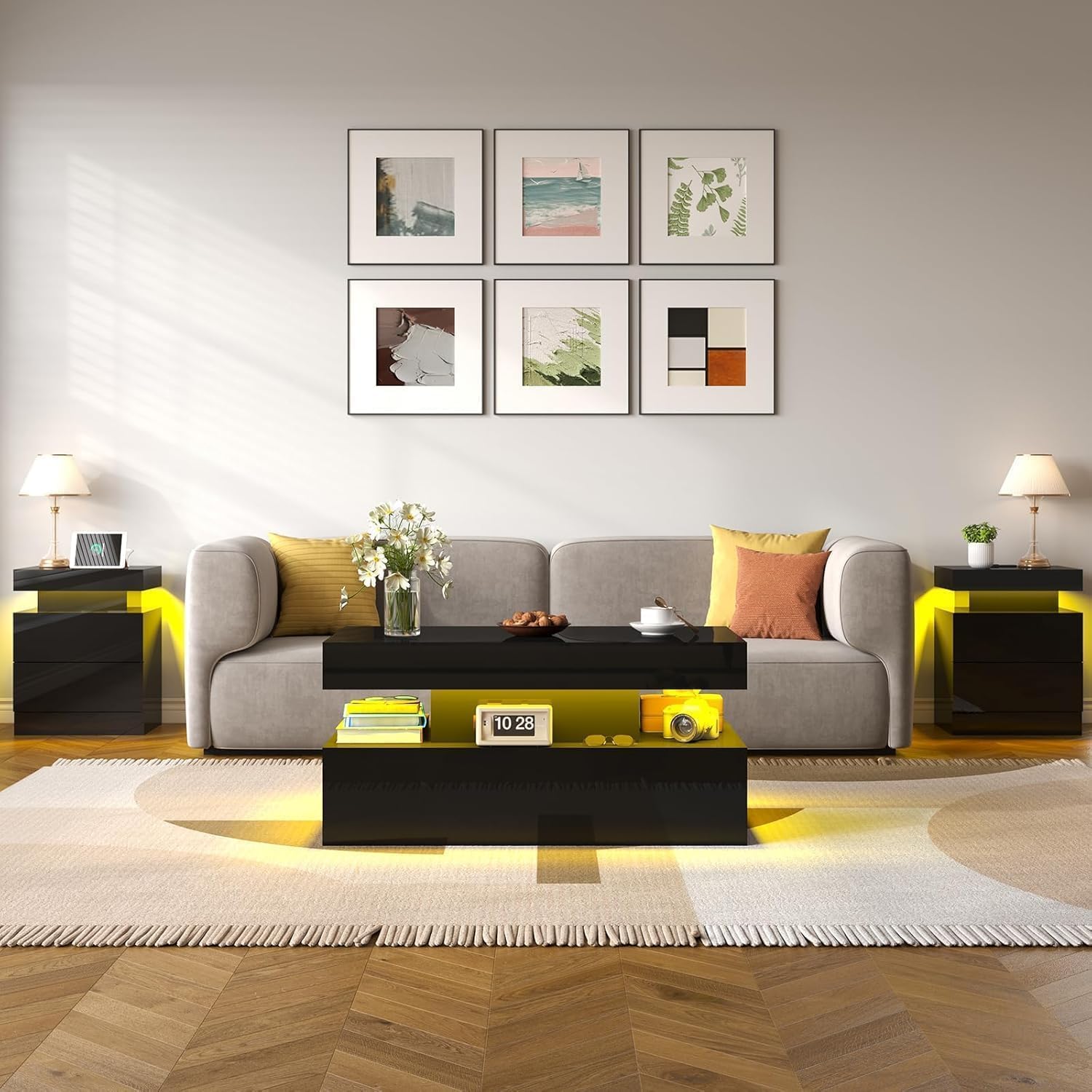 LUXOAK 3 Pieces Living Room Table Set, Modern High Gloss Coffee Table Set with LED Light and Storage Space, 2 End Side Tables with Charging Station for Living Room, Office, Black