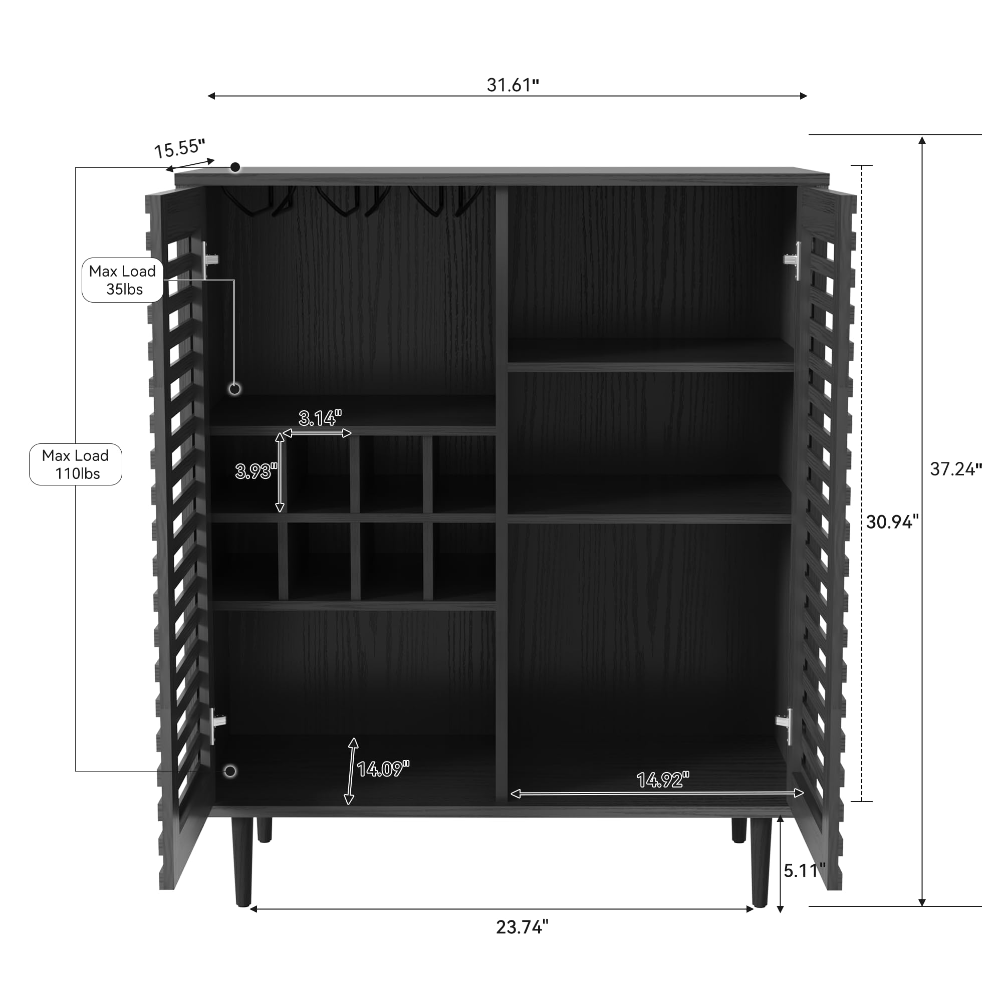 ZOSQUARE Mid Century Bar Cabinet with Wine Racks, Modern Liquor Cabinet with Slatted Doors for Dining Room, Living Room (Black)
