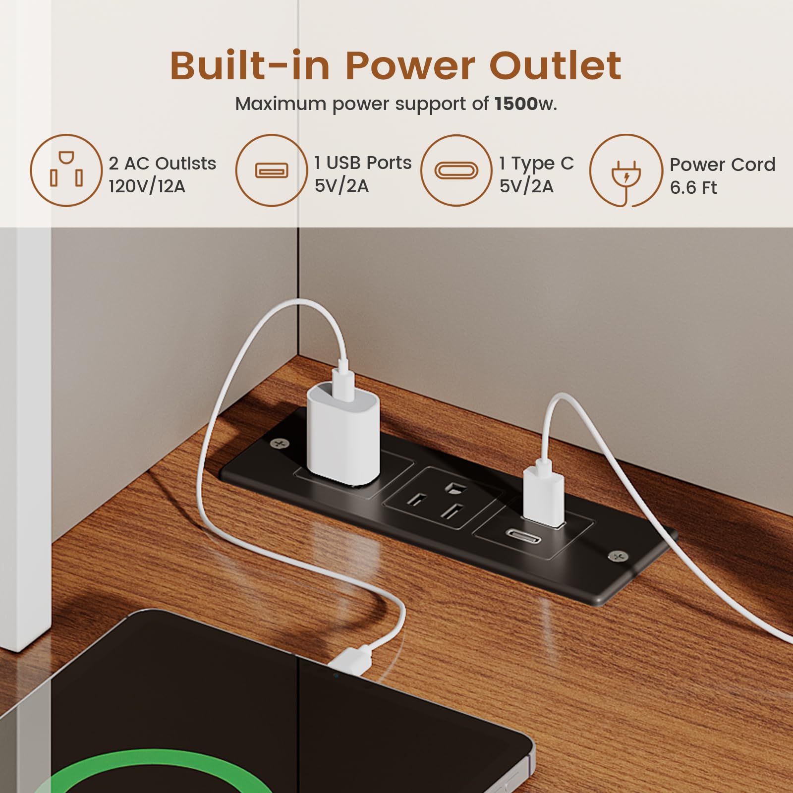 2-Drawer File Cabinet with Power Strip & LED Lights