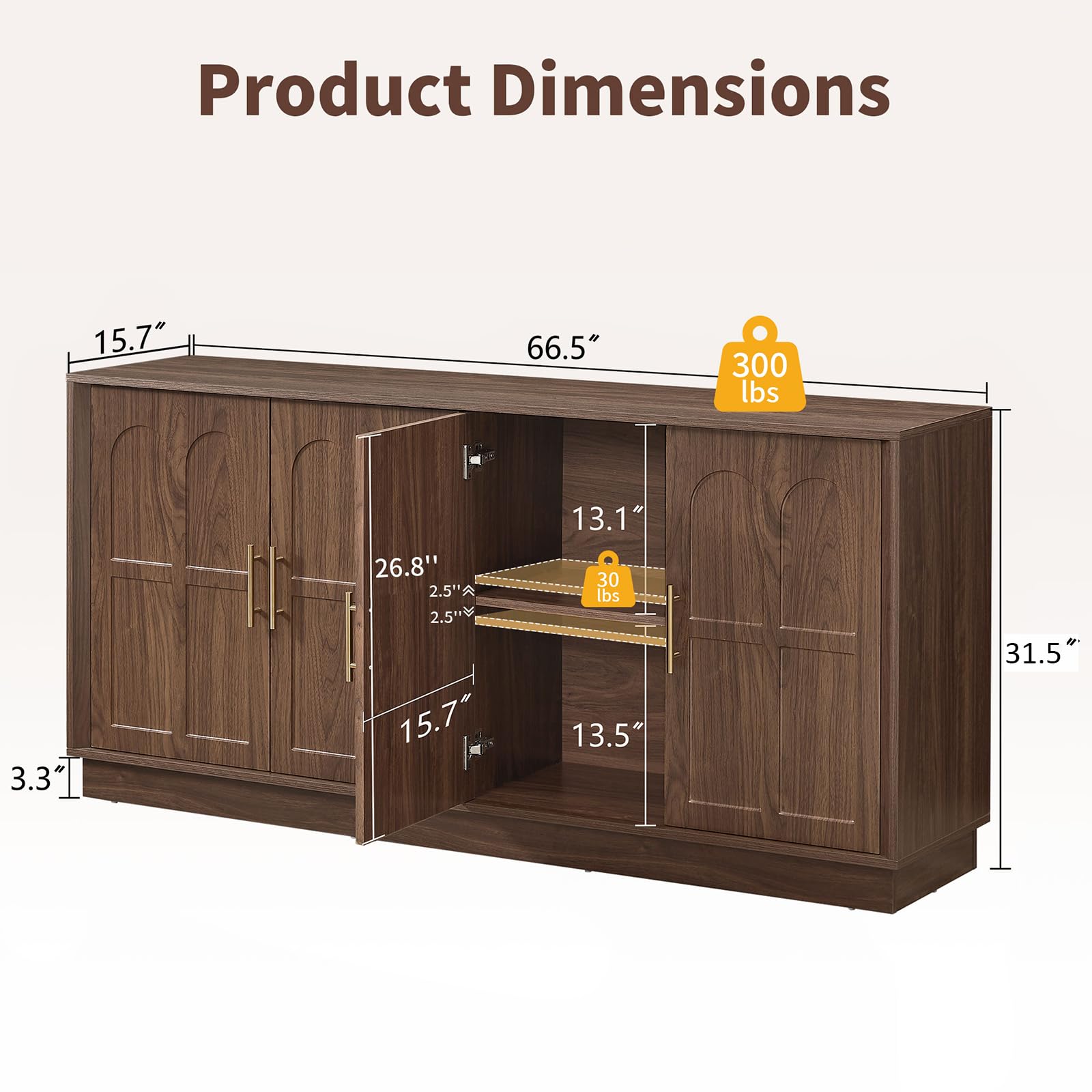 SZTHHDF 66.5" Sideboard Buffet Cabinet with Storage, Modern Credenza with Arched Doors, Large Wood Accent Cabinet for Living Room Entryway (Walnut)