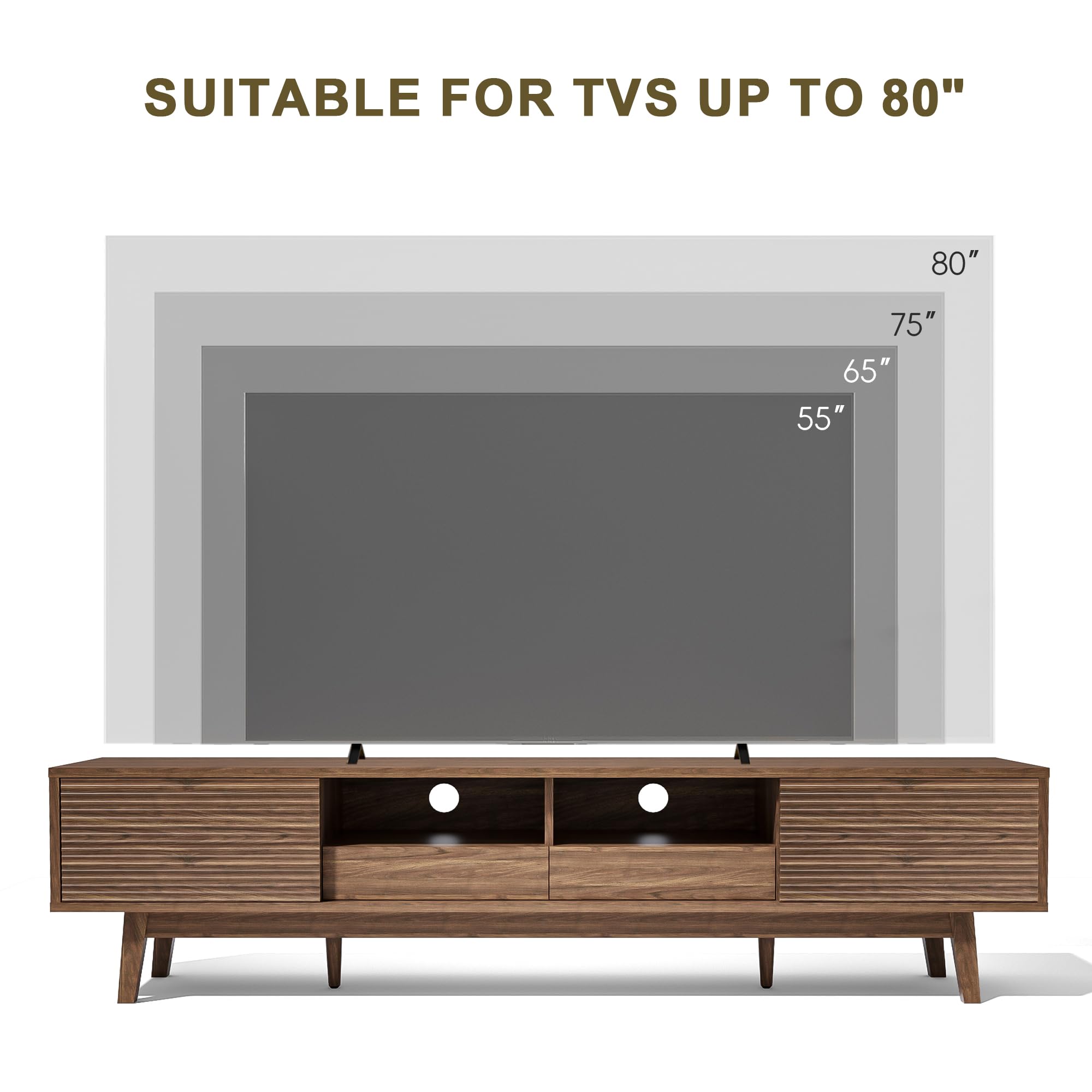 MU 70 Inch TV Stand for TVs up to 80 Inch, Mid Century Modern TV Console with Fluted Sliding Doors, Shelves & Drawers, Low Profile Entertainment Center for Living Room (Walnut, 70")
