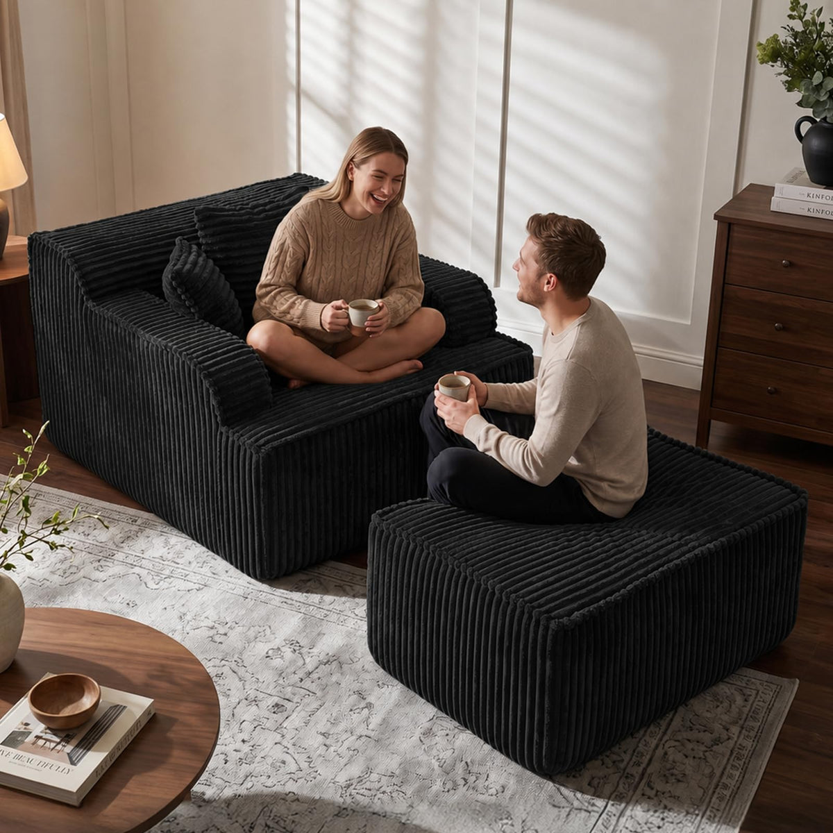 NLDD Corduroy Chaise Lounge Chair with Detachable Ottoman, Convertible Modular Reading Chaise Lounge, High-Density Foam Single Person Relaxation Chair for Living Room,Apartment,Small Spaces