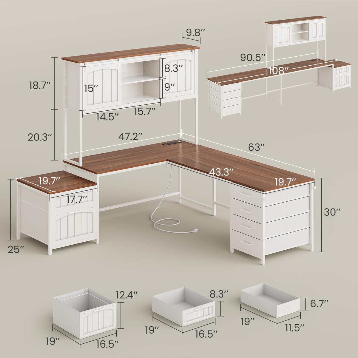 SEDETA Reversible Farmhouse L Shaped Office Desk with 6 Drawer, Hutch