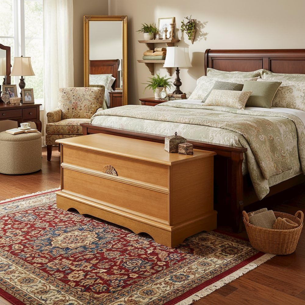 Furnifact Honey 40 Inch Wide Wooden Storage Trunk with Spacious Interior - Decorative Blanket Chest and Hope Chest for Bedroom, Entryway or Living Room