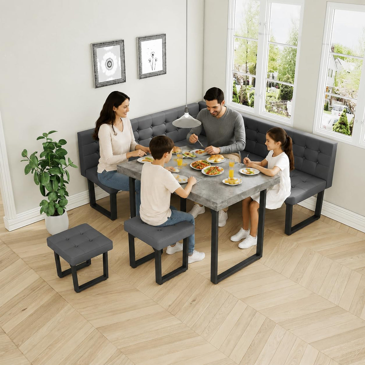 XIAO WEI 72" Corner Dining Table Set for Small Spaces, Modern Grey