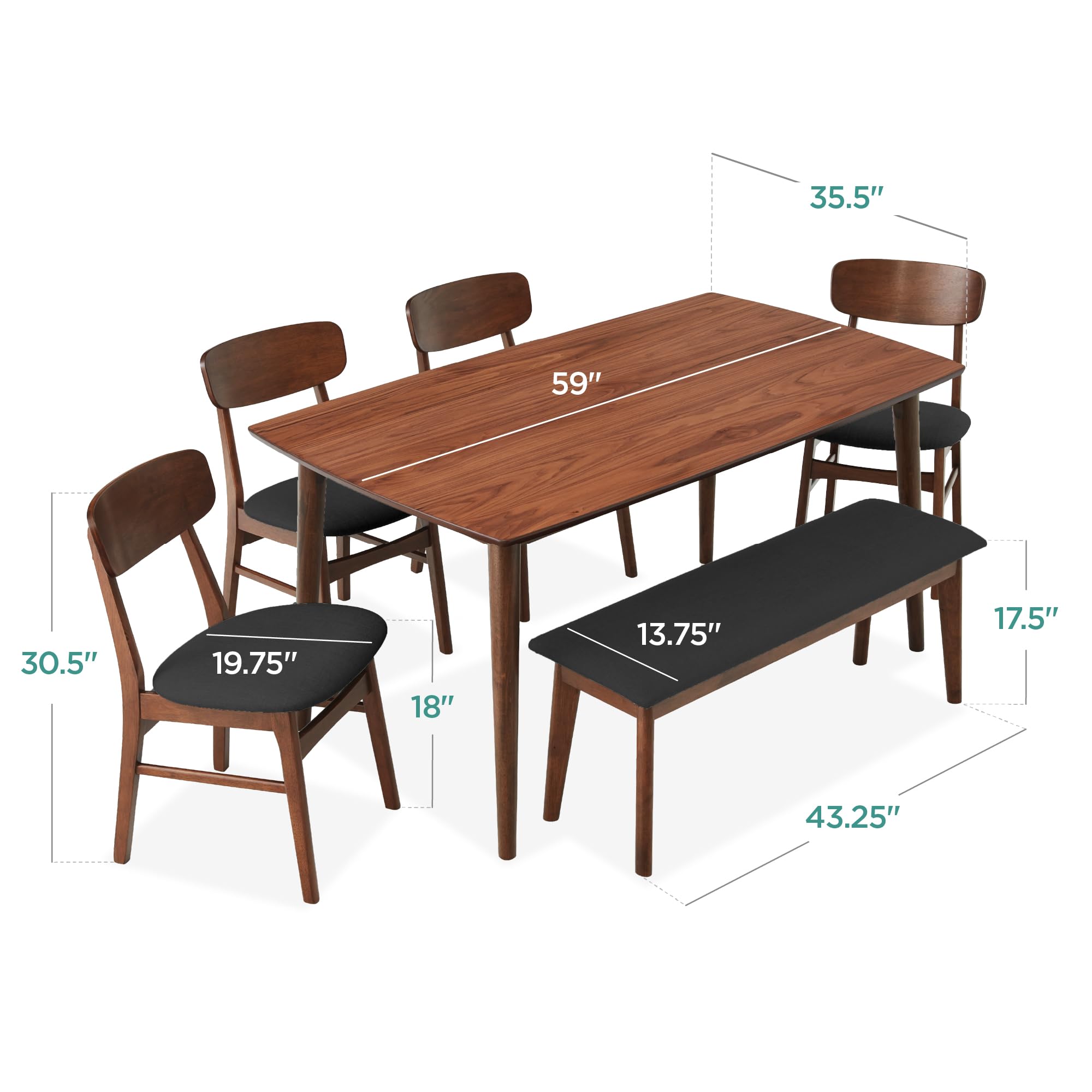 Best Choice Products 6-Piece Wooden Dining Set, Mid-Century Modern Table & Upholstered Chair Set w/Bench Seat, Rubberwood Legs - Walnut/Charcoal