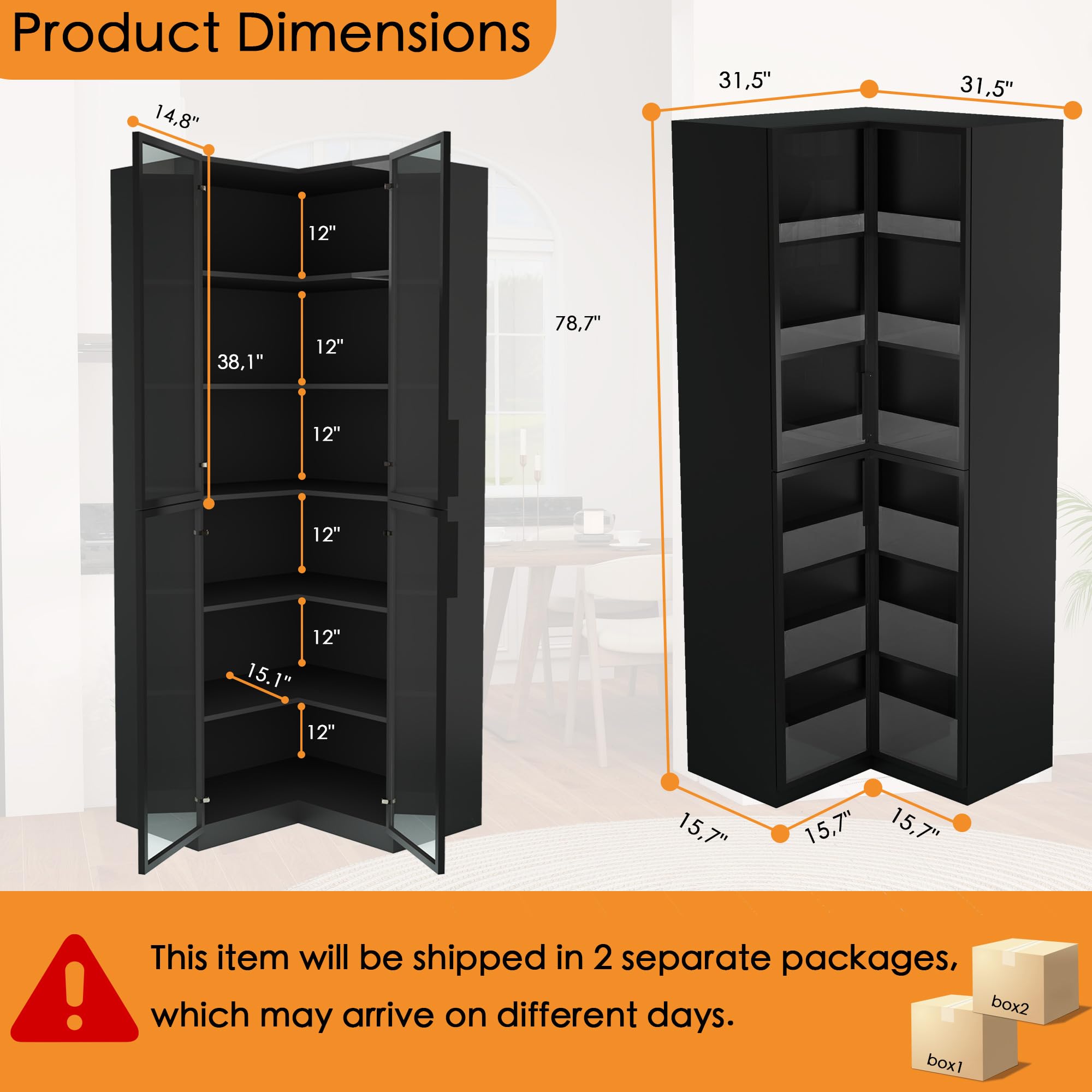 L-Shaped Corner Bookcase with Glass Doors & LED Lights