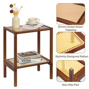 Mordchil HF 2-Tier Bamboo Side Table, Modern Glasstop Rattan Side Table, Mid Century Wood Sofa-Side End Tables for Living Room, Bedroom Night Stand with Storage, Small Narrow Coffee Tables, Walnut