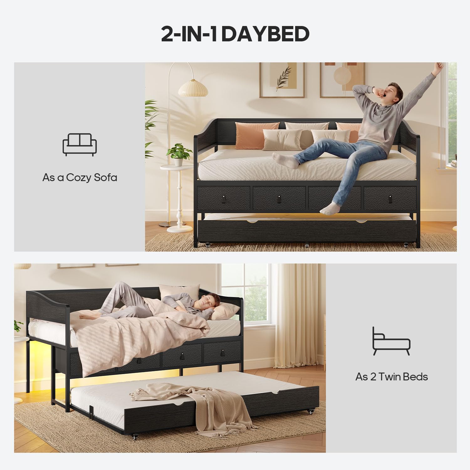 ADORNEVE Twin Daybed with Trundle, Metal Trundle Bed Twin with 4 Storage Drawers and LED Light, Sofa Day Bed Frame with Strong Supports for Living Room, Bedroom and Guest Room, Black