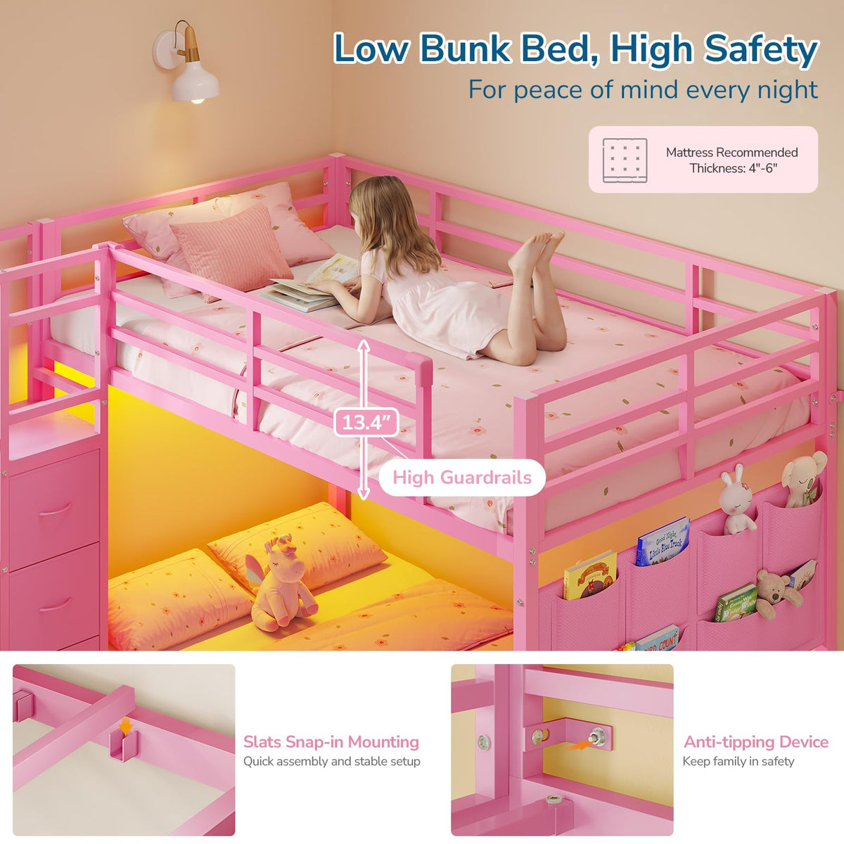 Twin Bunk Bed with Storage & LED Lights