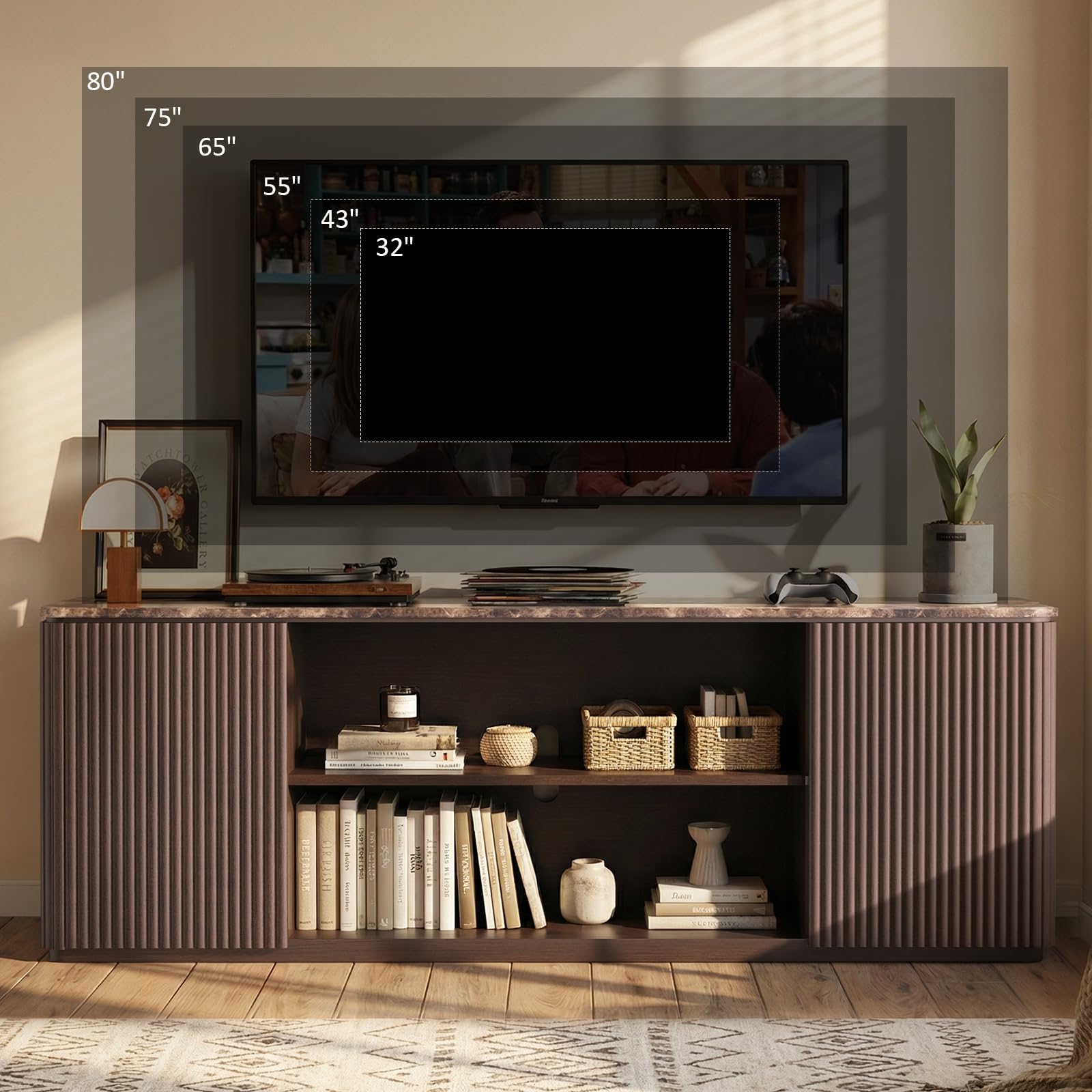 70" TV Stand, Modern Entertainment Center for TVs Up to 80", Fluted TV Console with Storage, Adjustable Shelves, Faux Marble Top, Curved Profile Design, Wood Media Console for Living Room, Brown Oak