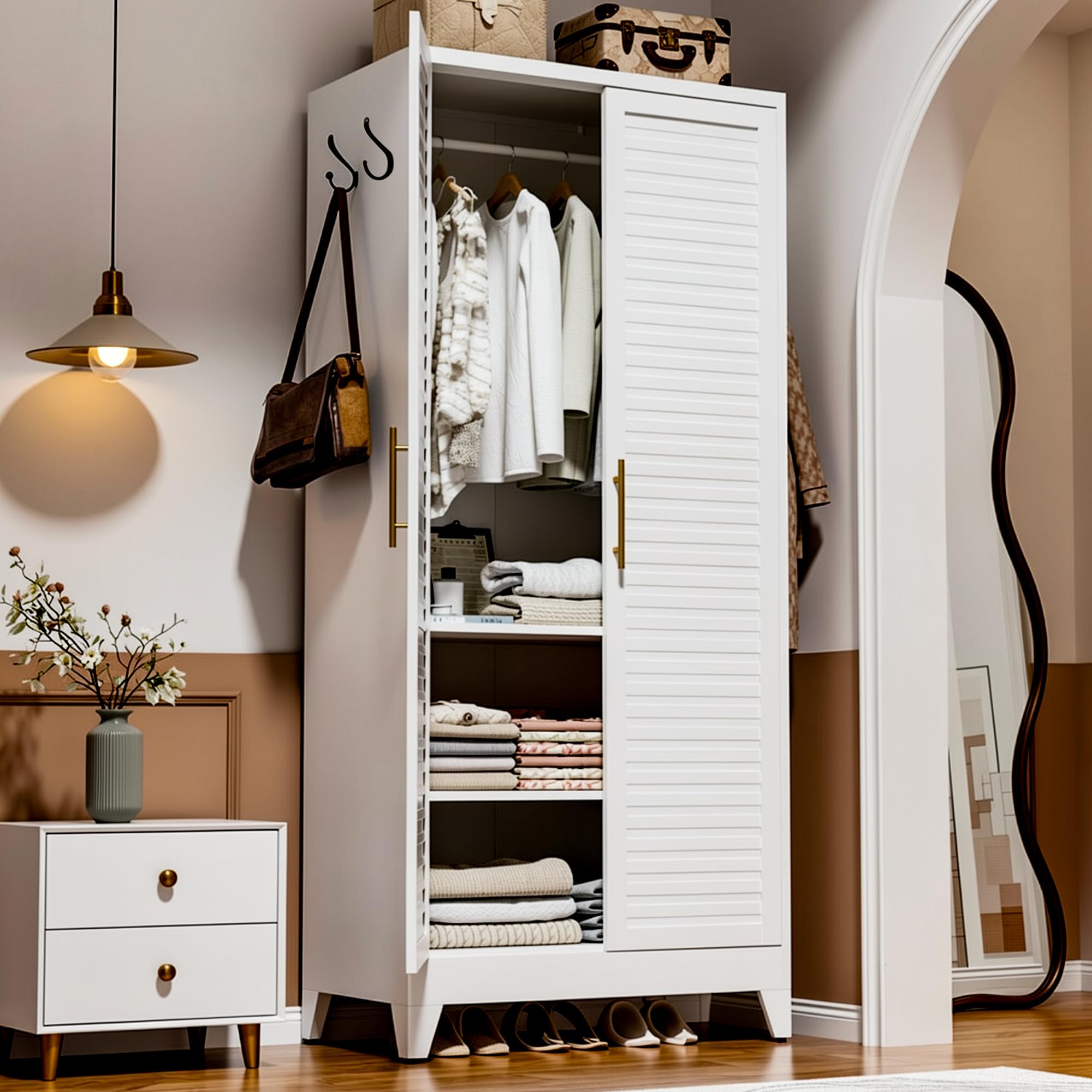 Metal Armoire Wardrobe Closet, 71" Clothing Storage Cabinets with Adjustable Hanging Rod, Louvered Doors, 2 Side Hooks & 2 Adjustable Shelves - Closet Cabinet for Bedroom, Laundry Room, Cloak Room