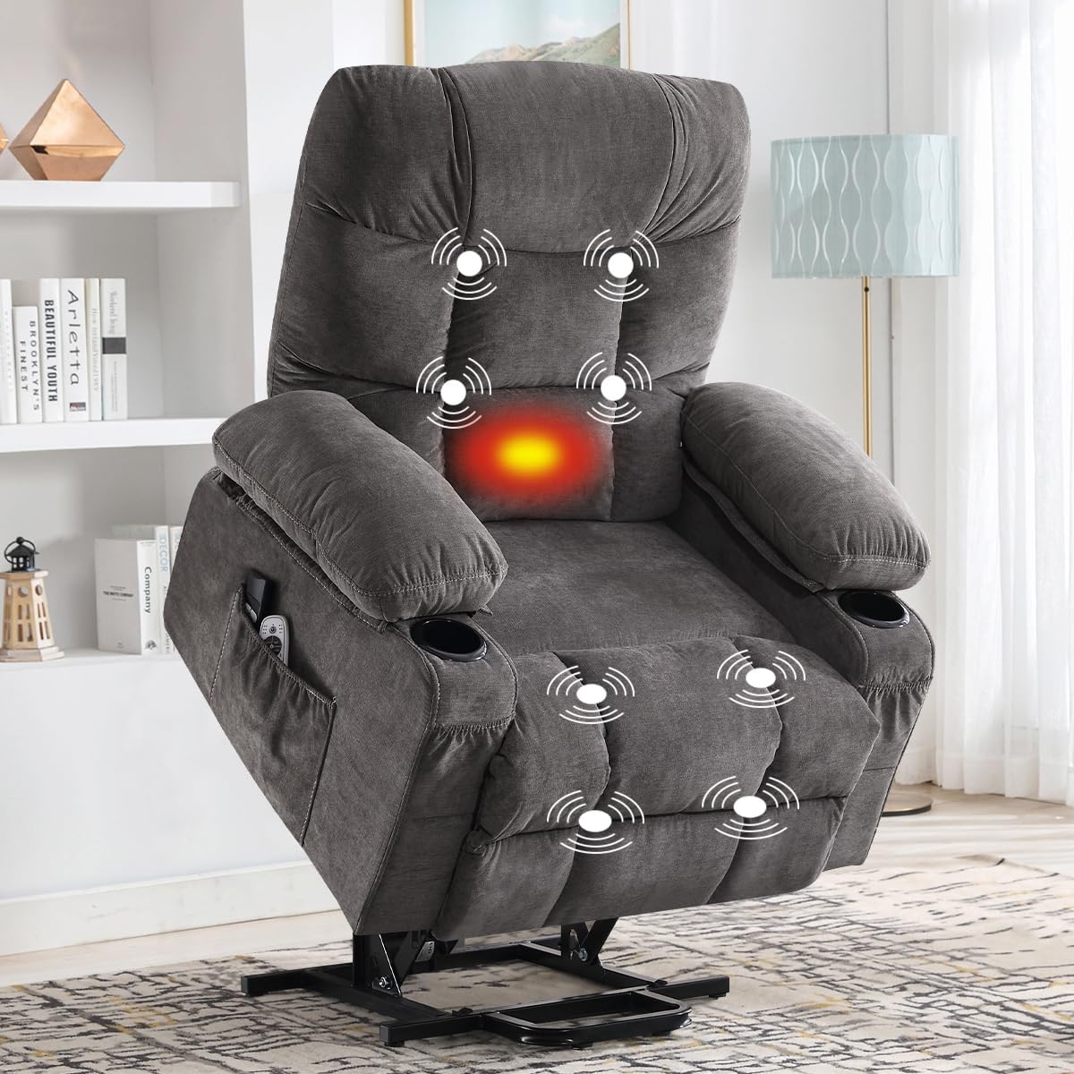KWKSV Power Lift Recliner Chair for Elderly,8-Point Vibration Massage & Heat,Electric Lift Chair with Two Cup Holders,4 Side Pockets,Extended Footrest for Living Room
