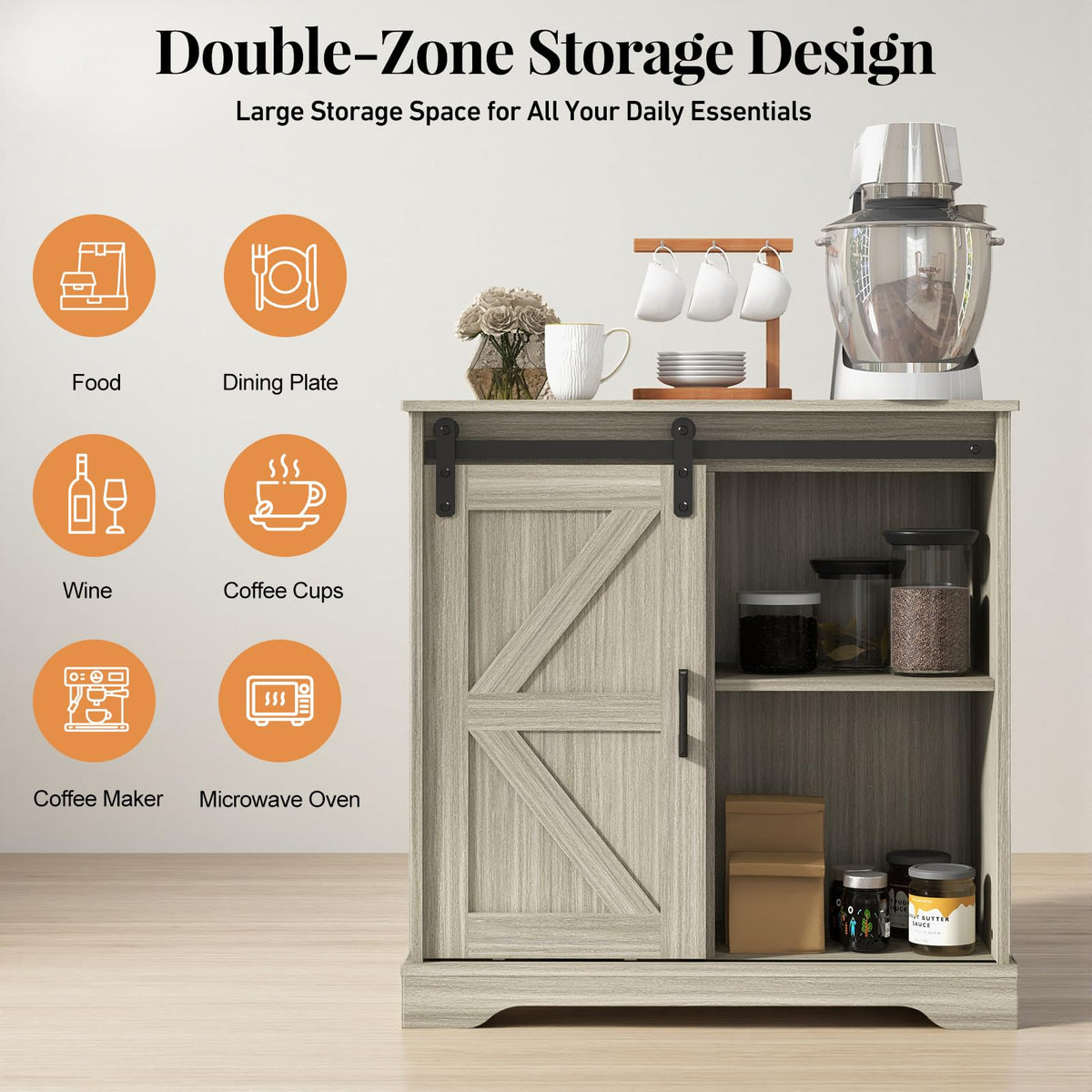 Panana Sliding Barn Door Buffet Sideboard Storage Cabinet Coffee Bar Kitchen Farmhouse Style (Oak)