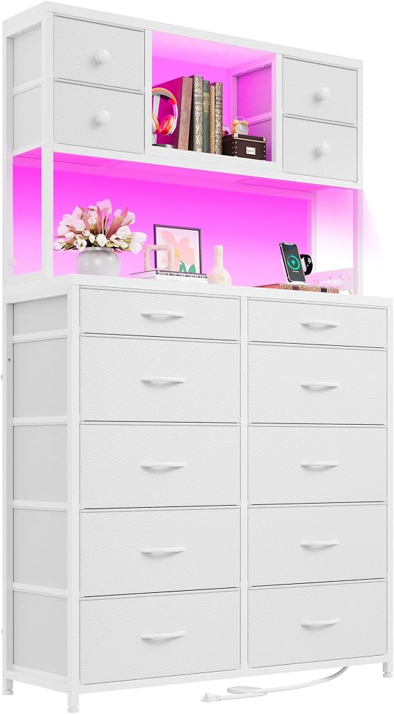 14-Drawer Bedroom Dresser with LED Light & Charging Station