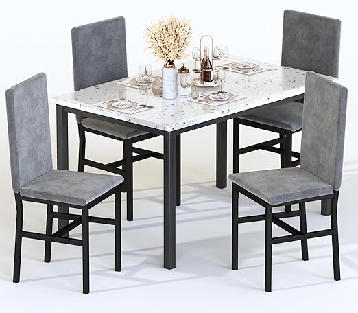 5-Piece Faux Marble Dining Table Set with Velvet Chairs
