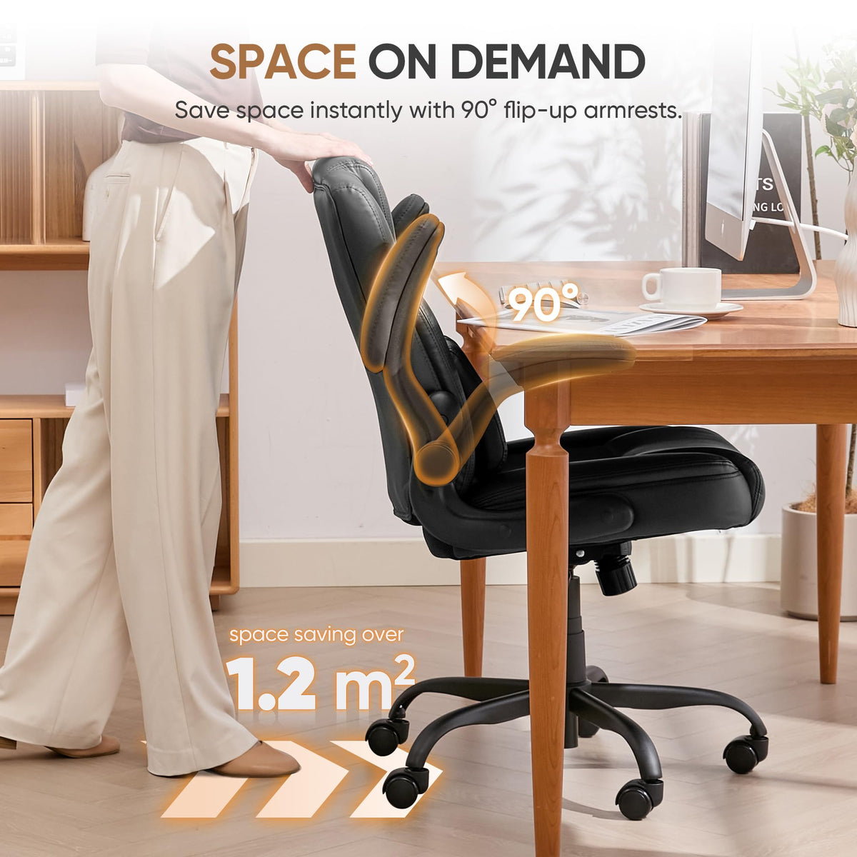 EGSEAT Home Office Chair with Lumbar Support, 5" Thickened Seat, Small PU Leather Rocking Desk Chair, Comfy Computer Chairs with Rolling Wheels & Adjustable Armrests for Adults, Black