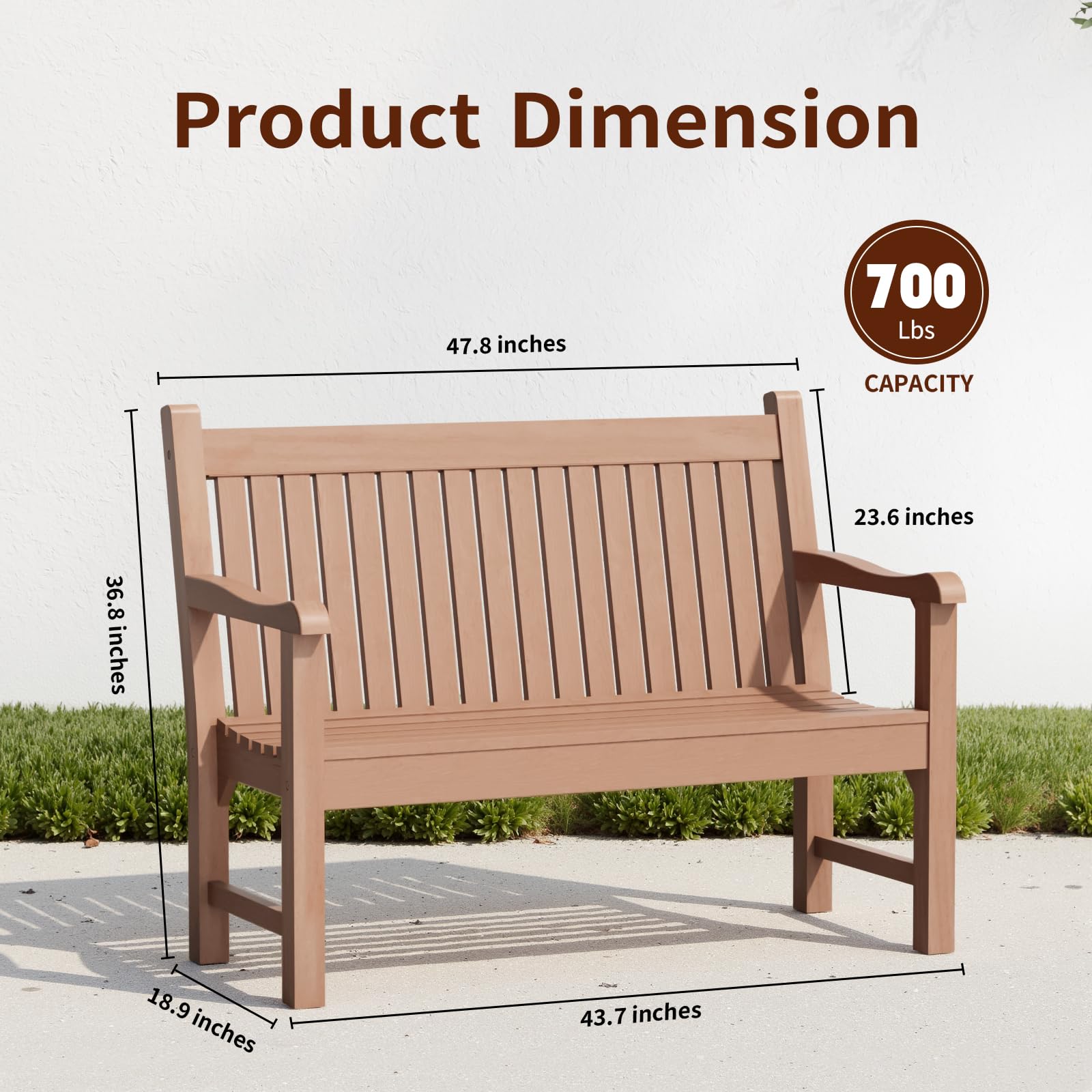 Psilvam 2-Person Outdoor Bench with 700 Lbs Weight Capacity, Poly Lumber Weatherproof Garden Bench Seating for Porch, Balcony and Park, All-Weather Patio Bench Furniture (Teak)
