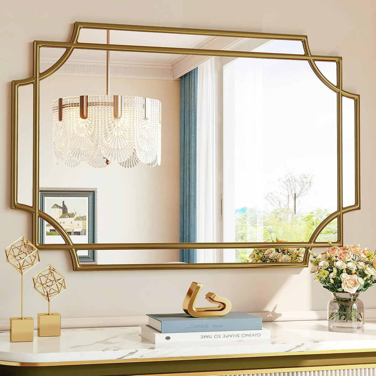 Brauthon Dining Room Mirrors for Wall, 24x36 Inch Art Deco Gold Decorative Mirror for Living Room, Bedroom, Entryway, Fireplace