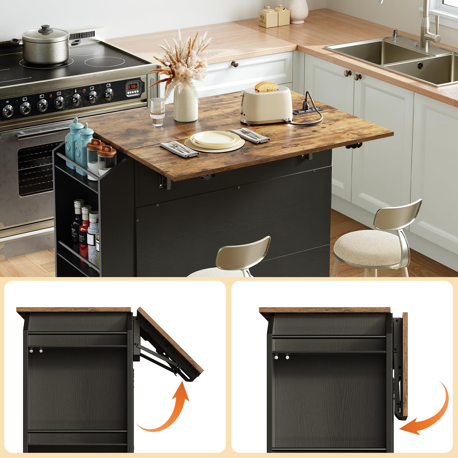 Rolling Kitchen Island with Drop Leaf & Power Outlet
