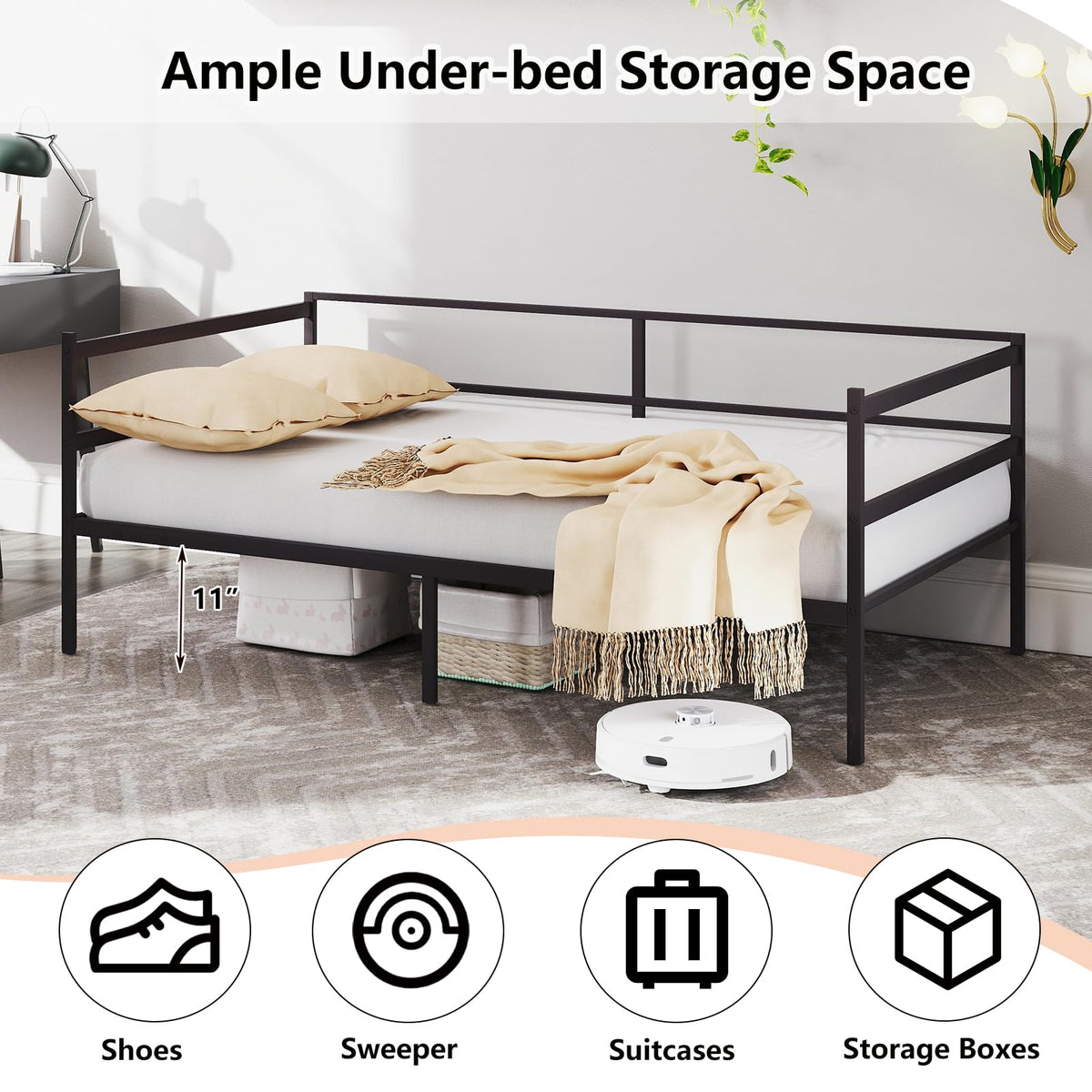 KOMFOTT Metal Daybed Frame Twin Size, Heavy-Duty Steel Slats Support Sofa Bed, Platform Mattress Foundation, Multifunctional Platform Bed Frame, Day Bed for Living Room & Guest Room