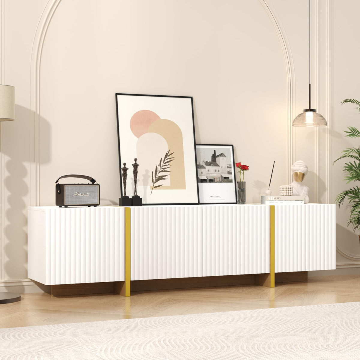 DecoFurn Luxury Fluted TV Stand for 65/70/75 Inch TV for Living Room, White