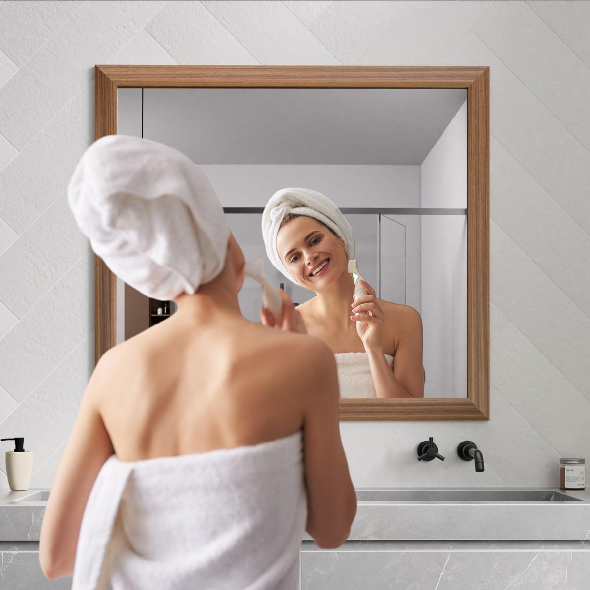 Walnut Wood-Grain Bathroom Mirror