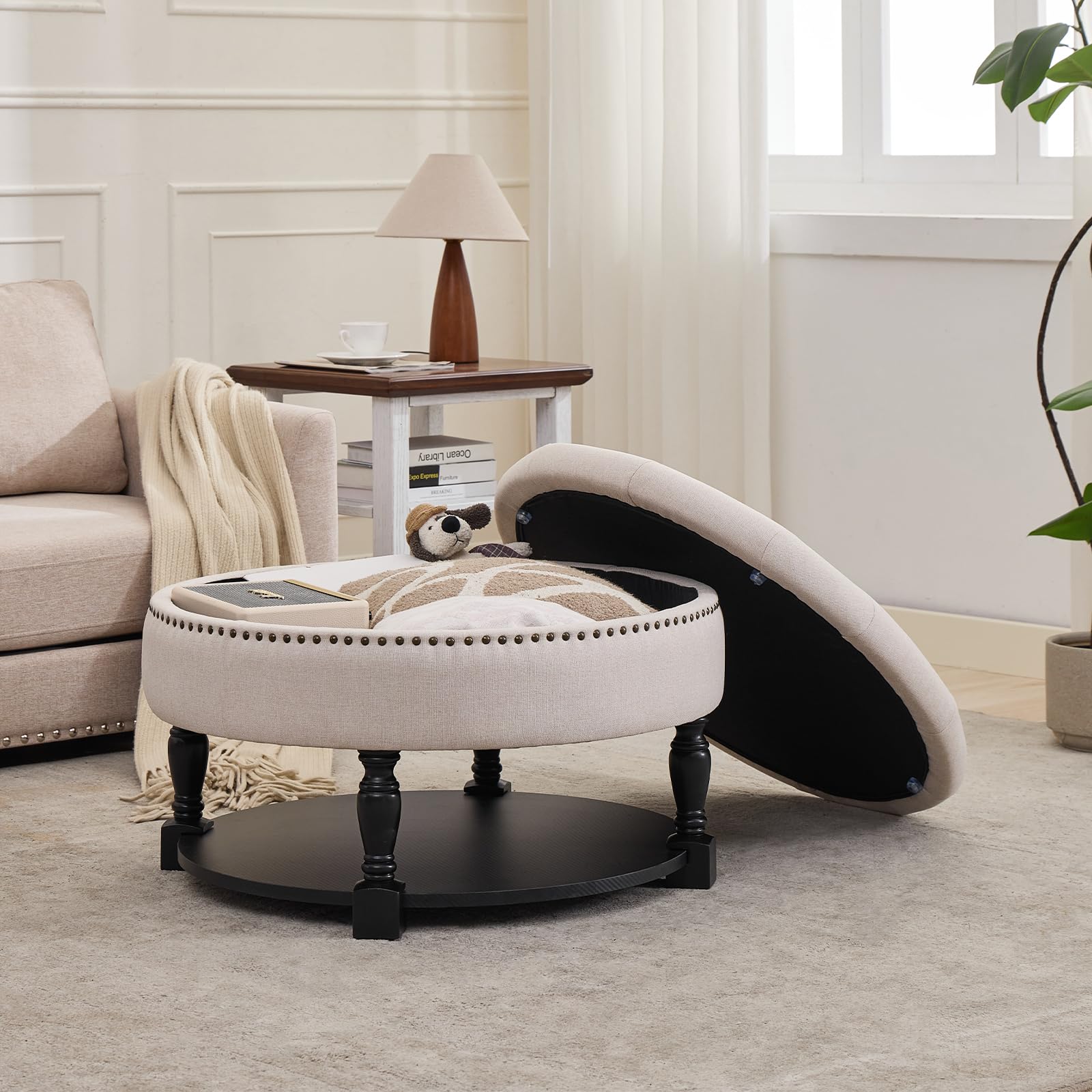 Round Storage Ottoman with Wood Shelf