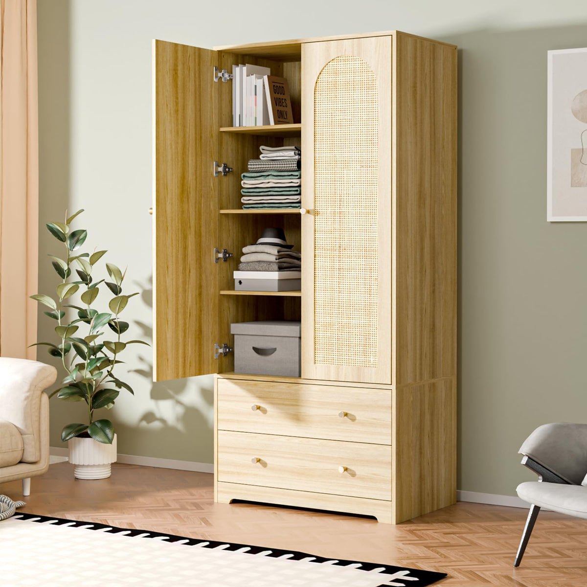 Rattan Wardrobe Armoire with Drawers