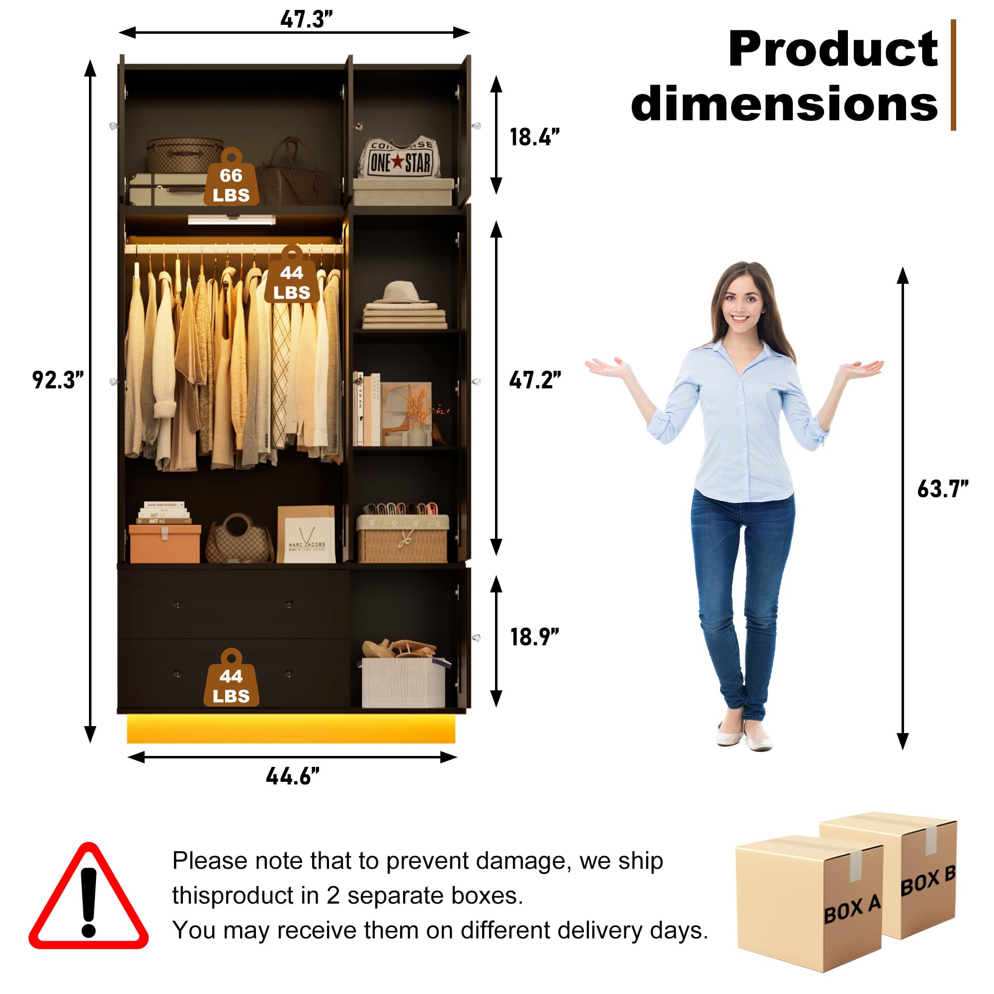 92.2" Tall Armoire Wardrobe Closet with Mirror & Motion Sensor Light, Large Storage Cabinet with 2 Drawers, Hanging Rod & Adjustable LED Strip, Anti-Tipping Wood Bedroom Furniture, 47.4"L, Balck