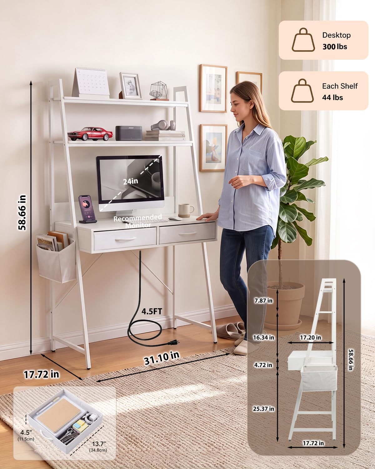 Home Office Desk with Storage and Drawer, Computer Desk with 2-Tier Shelves