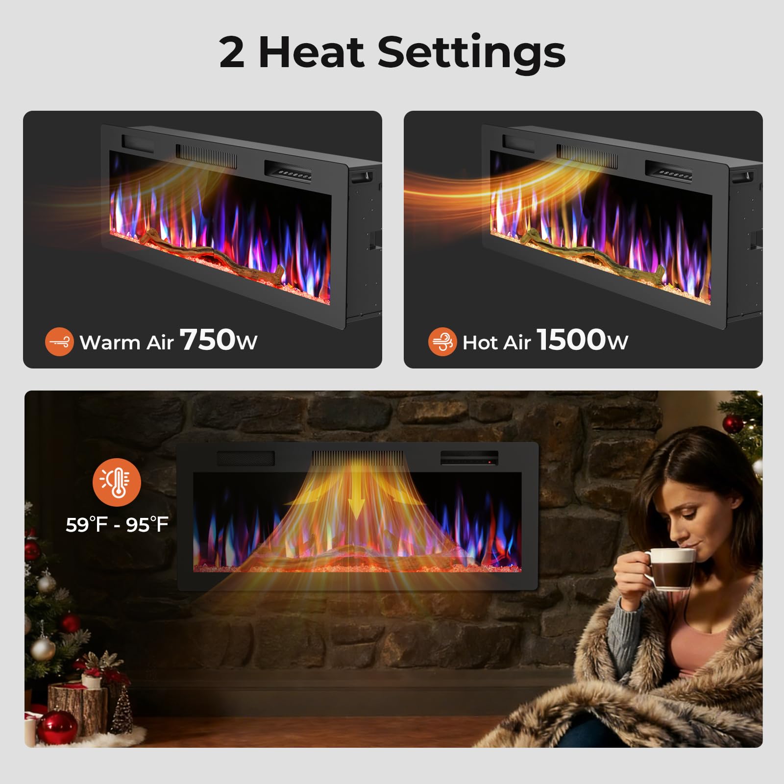 R.W.FLAME 42 Inch Electric Fireplace,Recessed & Wall Mounted Indoor Smart Fireplace Heater,Adjustable Flame Color & Speed,Touch Screen & Remote Control,Low Noise,with Timer,Alexa/WiFi Enabled