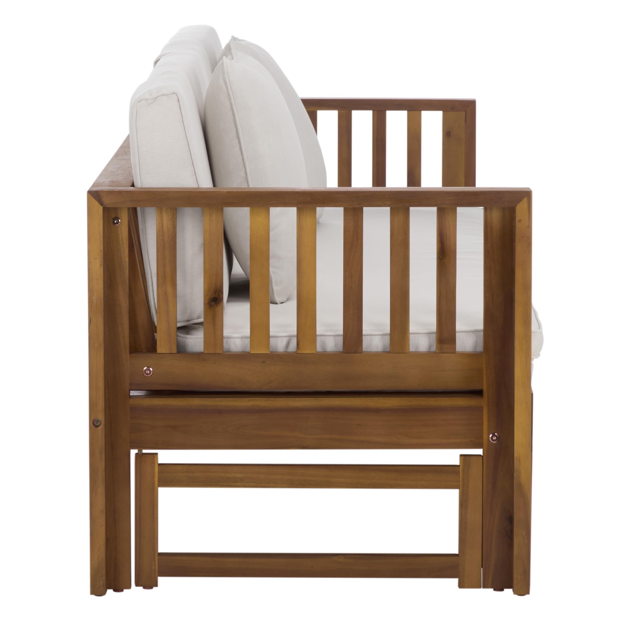 SAFAVIEH Outdoor Patio Furniture Collection - Napoli Brown & Cream Solid Wood Bench Convertible Daybed with Cushions, Versatile Patio Seating (PAT6805A)