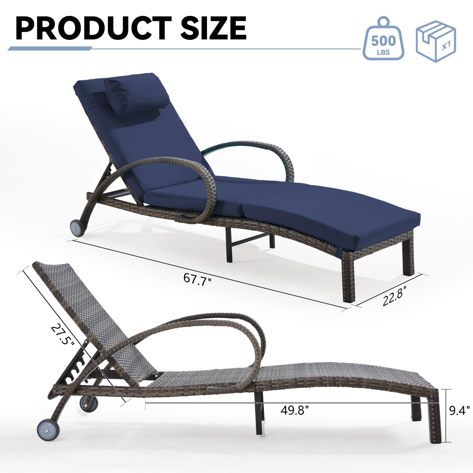 Outdoor Wicker Chaise Lounge Set of 2 with Adjustable Backrest & Wheels