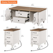 WAMPAT 3 Pieces Living Room Table Set, One Modern Coffee Table with Storage Cabinet, Set of 2 End Tables Nightstands with Charging Station, White