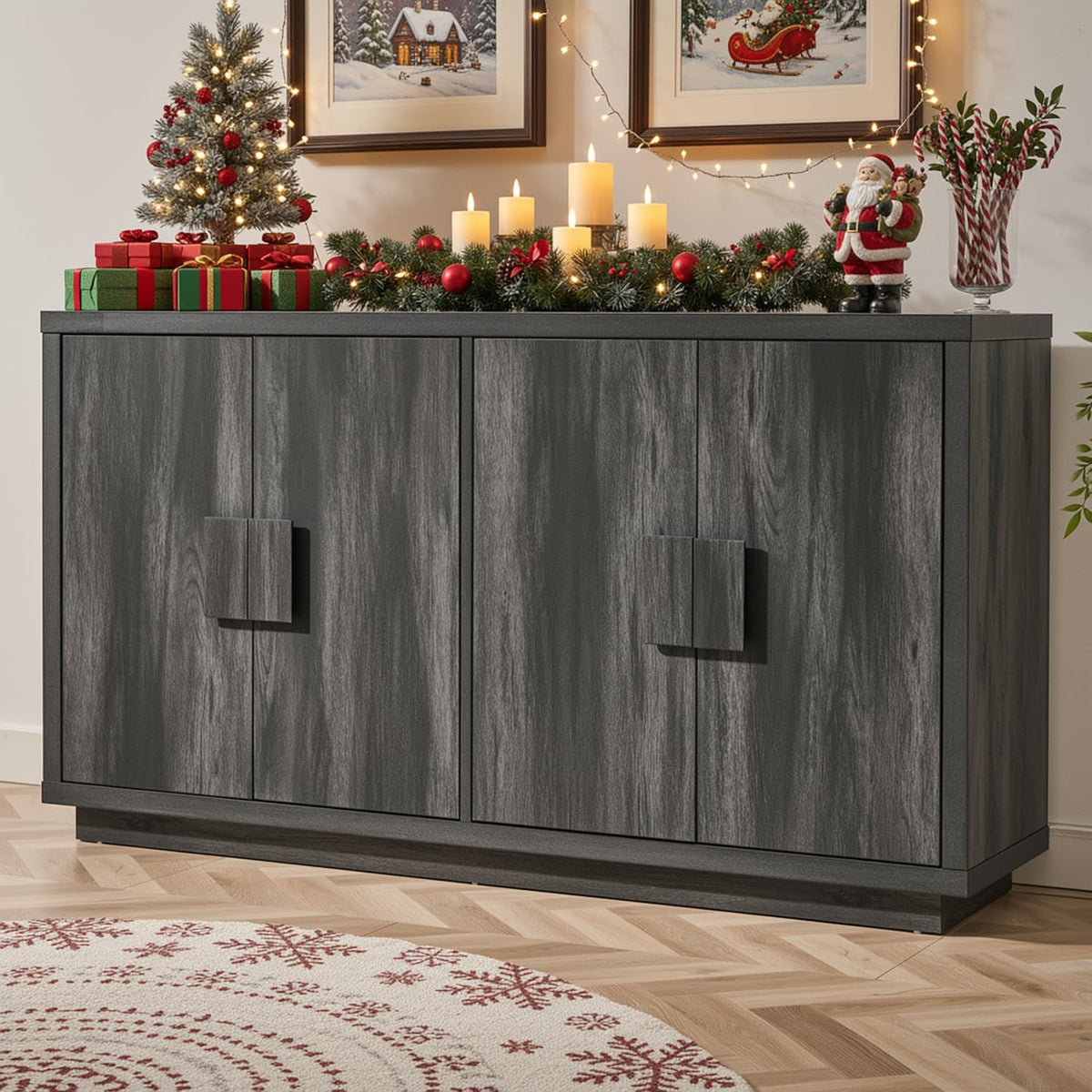 ONBRILL 63" Sideboard Buffet Cabinet, Wooden Kitchen Coffee Bar, Black