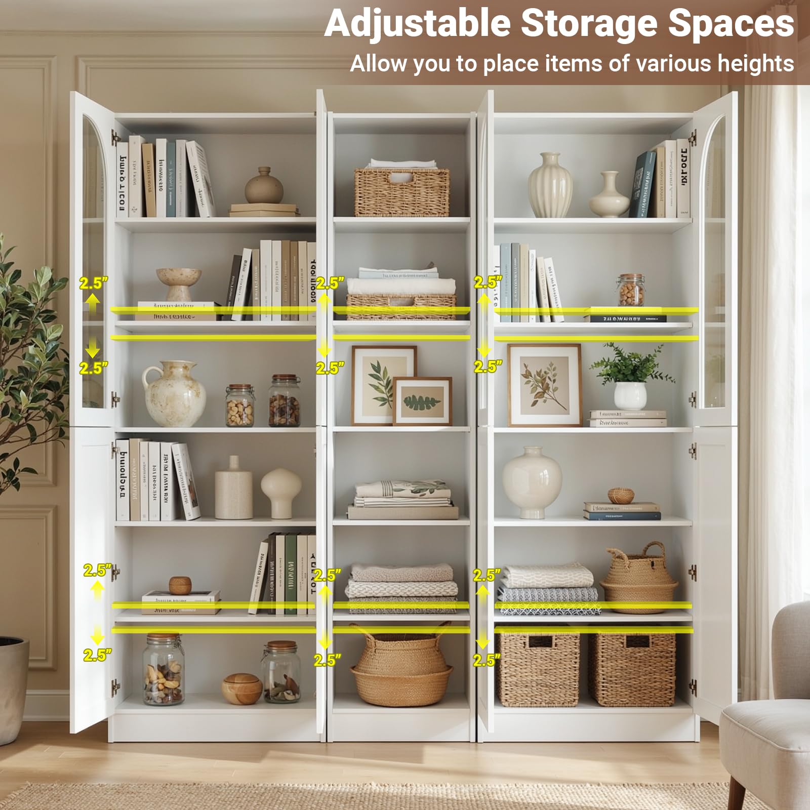 Cyclysio 80" Tall Bookcase System with 4 Tempered Glass Doors, Arched Corner Bookshelf with 6-Tier Open Shelves, Wooden Pantry Storage Organizer with Baseboard Cutout for Living Room