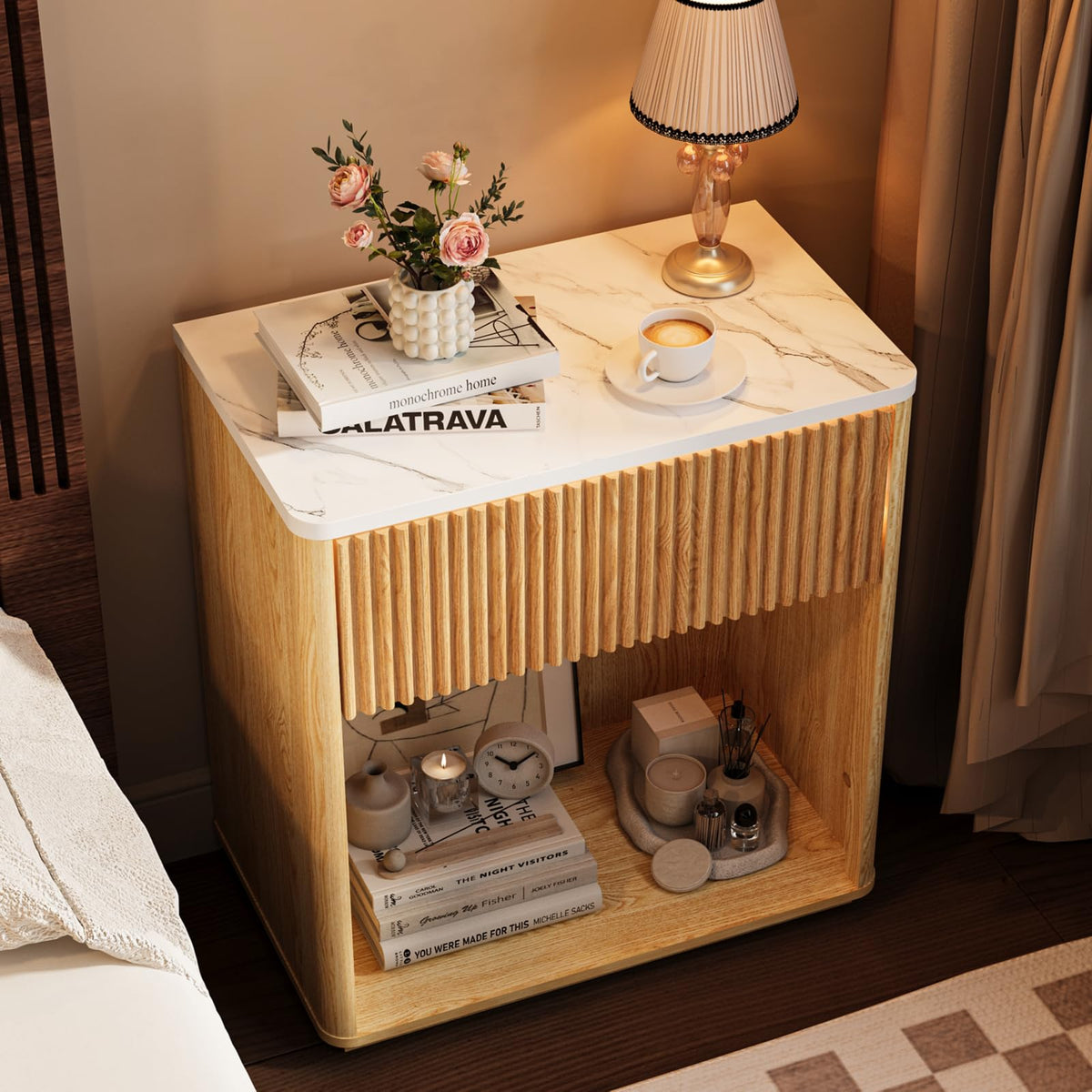 Cychuily Modern Fluted Nightstand Set of 2 for Bedroom, Mid Century Bedside Table Set with Marble Top & Drawer, Wood End Table, 2 Farmhouse Night Stands for Guest Room, Hallway, Oak
