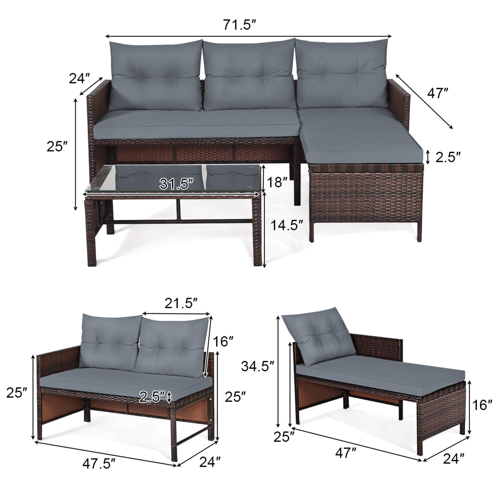 L-Shaped Outdoor Sectional Sofa Set, 3-Piece PE Rattan Patio Furniture with Coffee Table