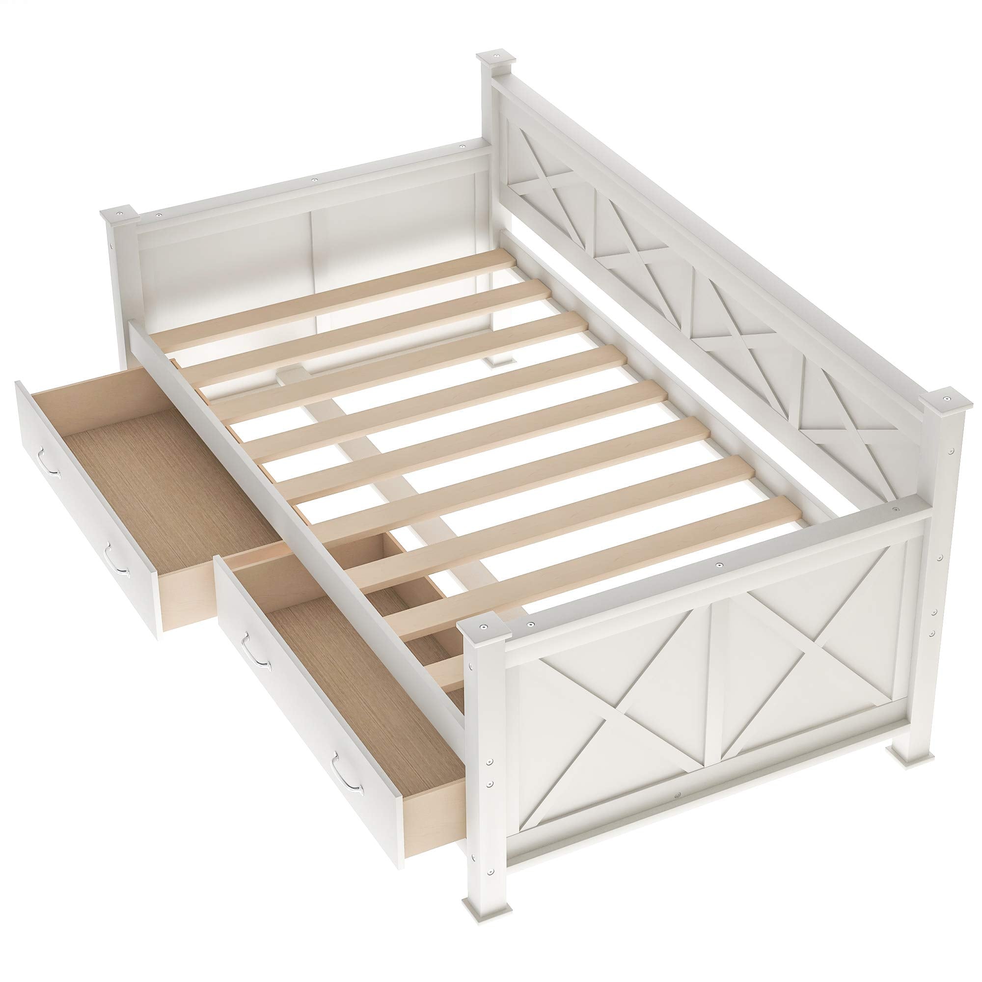 Twin Size Solid Wood Daybed Frame with 2 Storage Drawers,X-Shaped Backrest and Armrests,Low Profile Design,Perfect for Kids Room,Small Space,Apartment,No Box Spring Needed,Space Saving,Cream White