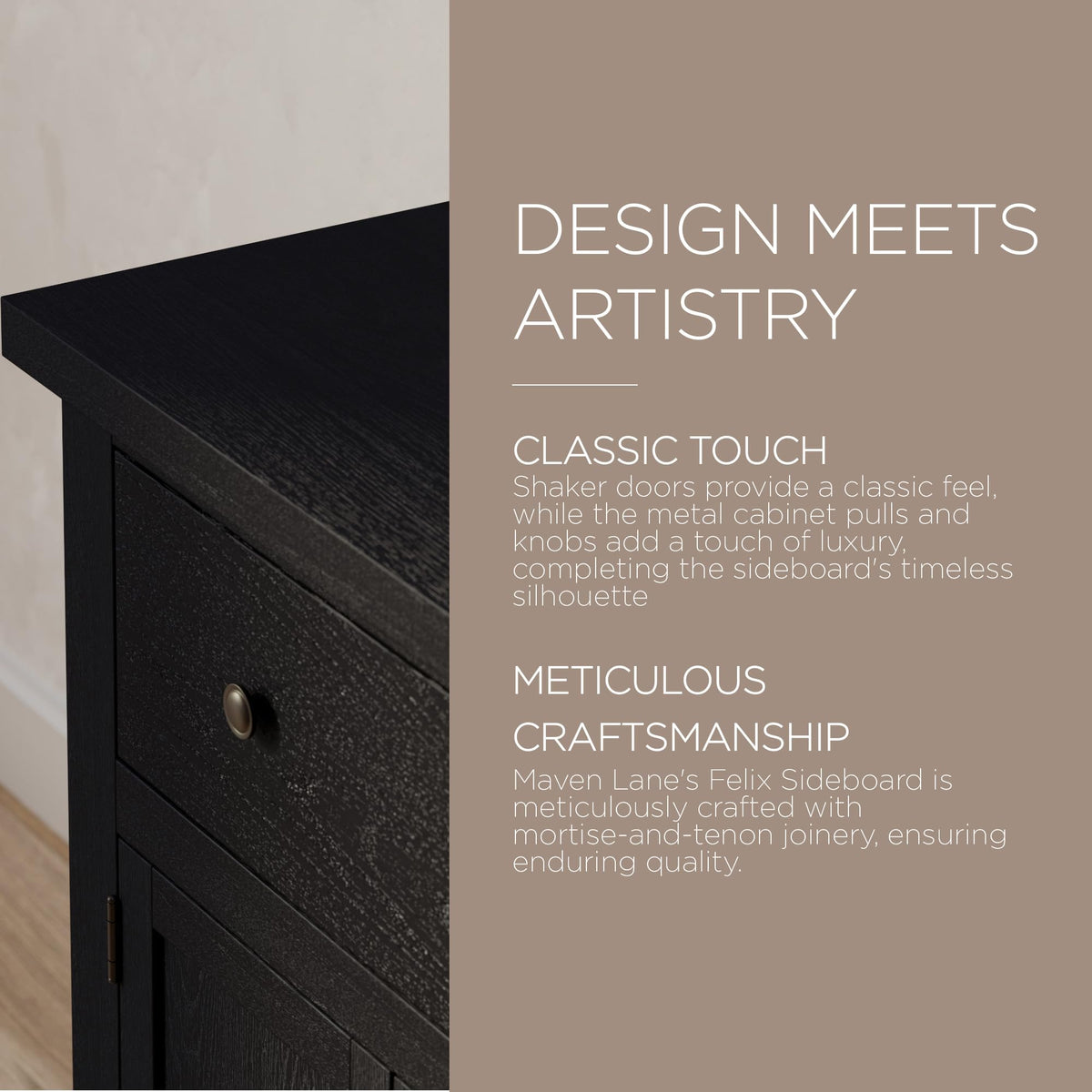 Maven Lane Felix Rustic Large Wooden Sideboard, Accent Buffet Server Table with Doors for Kitchen or Living Room in Weathered Black Finish