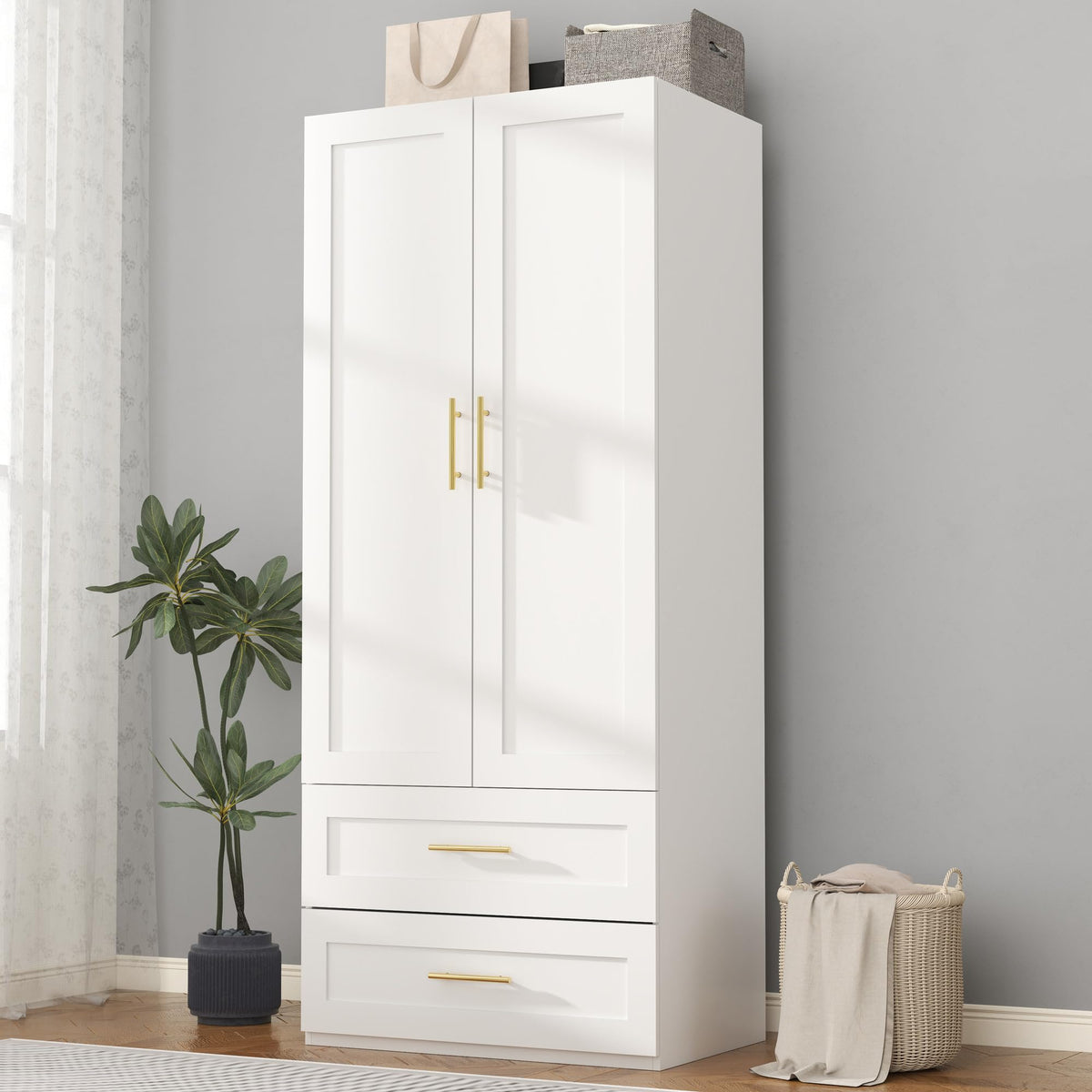 White Wardrobe Armoire with 2 Drawers