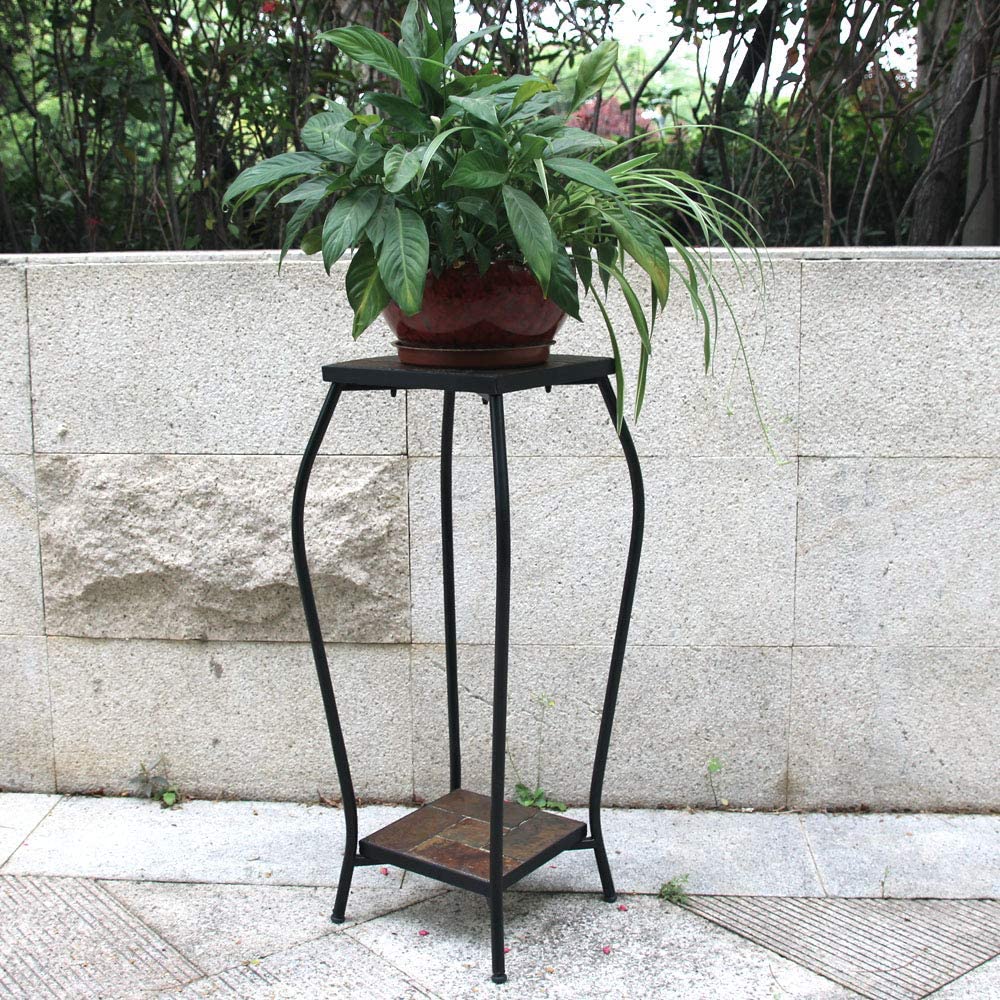 Zhongma 2 Tier 30" Tall Plant Stand with Colorful Slate Top for Balcony, Home, Garden, Backyard Patio with Adjustable Leveling Feet