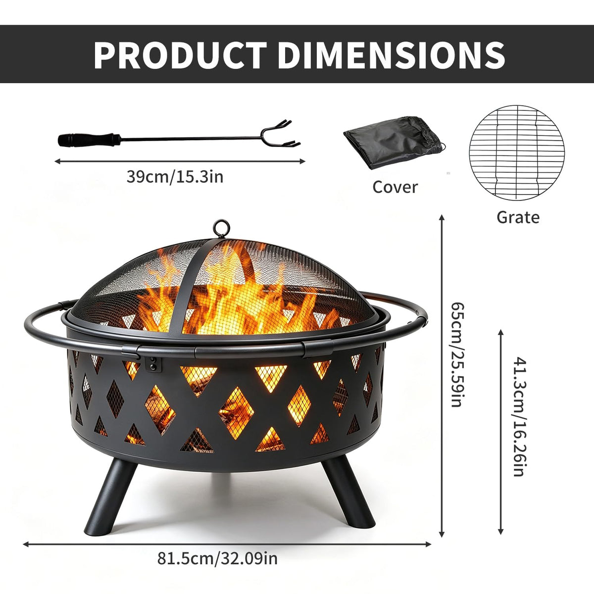 32in Wood-Burning Fire Pit, 2-in-1 Fireplace BBQ Grill for Backyard Camping