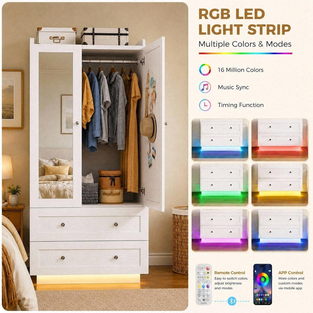IRONCK Wardrobe Closet with Mirror, Drawers and LED Lights, White