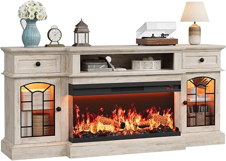 70" Farmhouse Fireplace TV Stand with 3-Sided Electric Fireplace