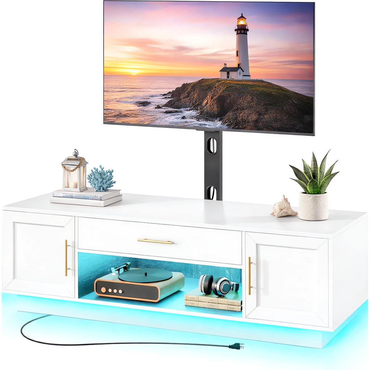RALGEND 59" Modern TV Stand with Mount and Power Outlet, Swivel TV Stand for 32/55/65/75 inch TVs, Height Adjustable LED Entertainment Center, Media TV Console Table for Living Room, Bedroom, White