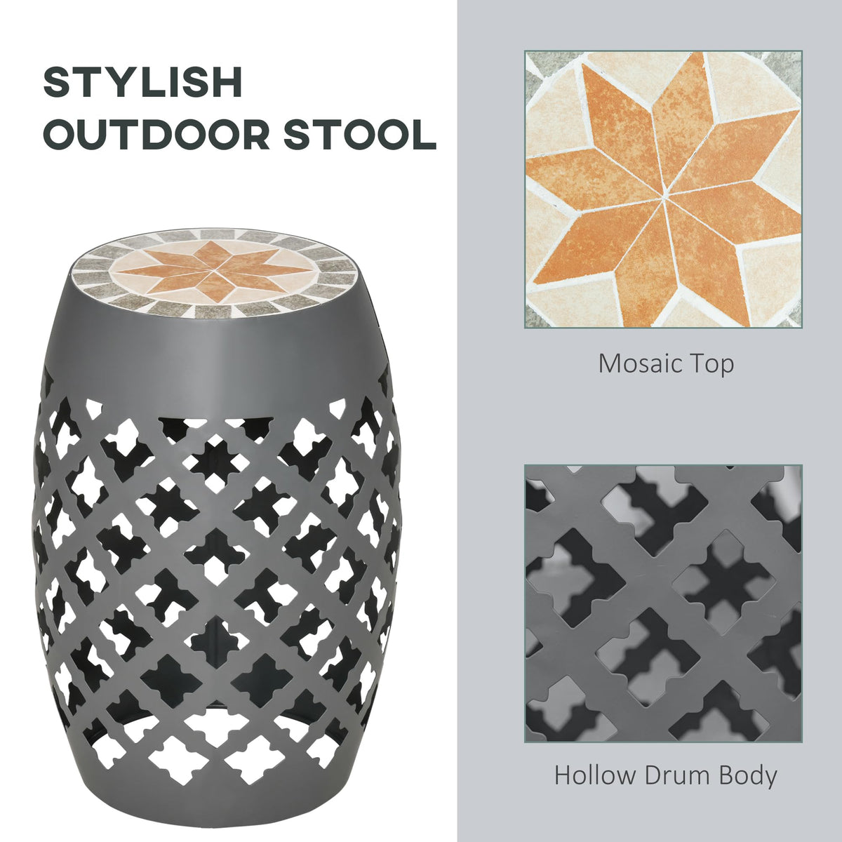 Outsunny Decorative Outdoor Stool, 12" Round Patio Side Table, Mosaic Gray